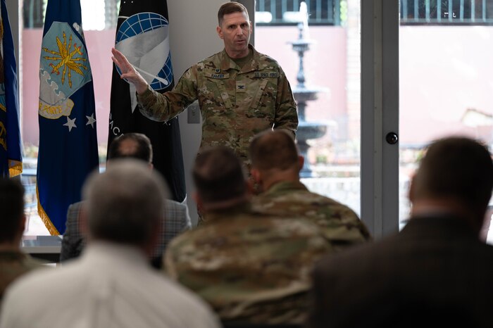 Col. Corey M. Ramsby addresses issues with Air and Space Force ROTC, Apr. 5, 2023. Representatives from Air Force, Army and Navy ROTC gathered to discuss the future of ROTC. (U.S. Air Force photo by Airman Tyrique Barquet)