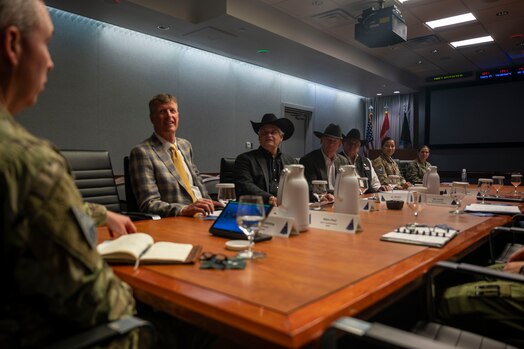  Pikes Peak Rodeo Foundation received a mission brief with Lt Gen Stephen Whiting, Space Operations Command commander, SpOC Headquarters, Peterson Space Force Base, Colo., April 13, 2023. The Pikes Peak or Bust Rodeo has been a Colorado Springs tradition since 1937, showcasing the top rodeo talent and action. SpOC is dedicated to a continued tradition in strengthening a long-standing community relationship.  (US. Space Force photo by SSgt Jose A. Rodriguez Jr)