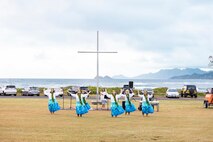 A group of Hawaiian hula dancers perform during the Annual Easter Sunrise Service, Landing Zone Eagle, Marine Corps Base Hawaii, April 9, 2023. The service was open to service members and their families, and was held in celebration of Easter Sunday. (U.S. Marine Corps photo by Cpl. Samantha Sanchez)