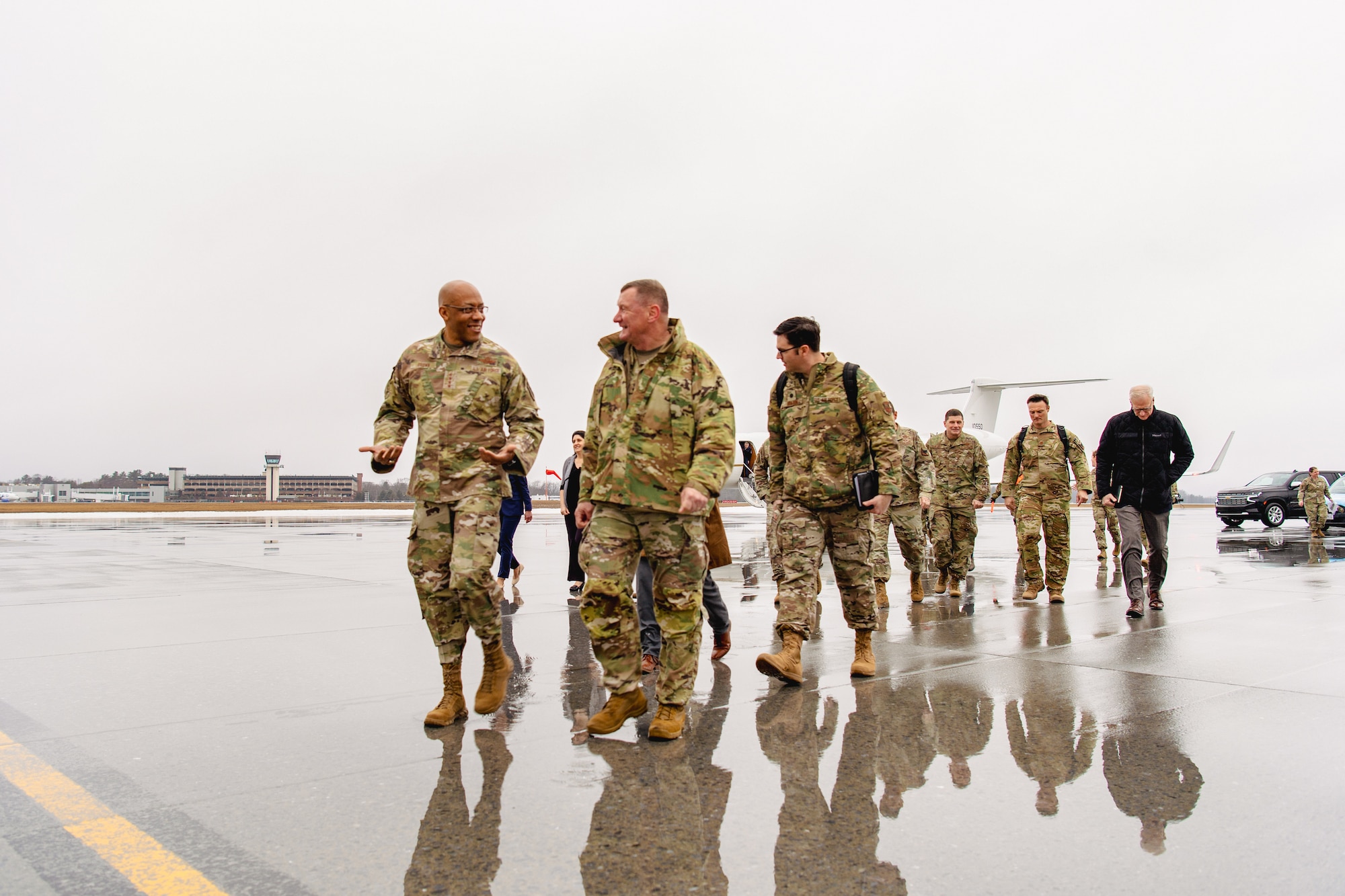 Air Force Chief of Staff Gen. CQ Brown, Jr. walks with the Vermont Adjutant General Maj. Gen. Gregory Knight during his visit to the Vermont Air National Guard Base, April 1, 2023. The visit allowed Brown an opportunity to show appreciation for the efforts and sacrifices made by the Airmen of the Vermont ANG. (U.S. Air National Guard photo by Tech. Sgt. Richard Mekkri)