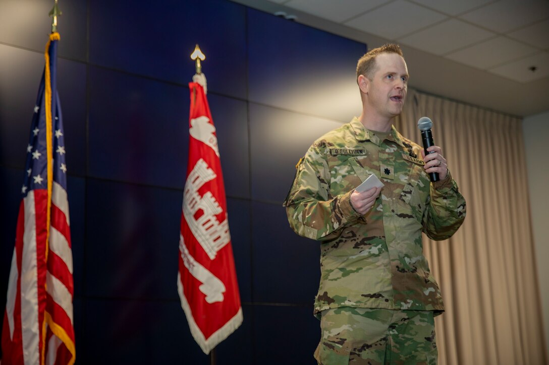 U.S. Army Corps of Engineers Galveston District Deputy Commander for Mega Projects Lt. Col. Ian O’Sullivan gives remarks during his promotion ceremony at the district headquarters.