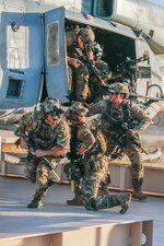 SEALs jump out of a UH-1Y Venom helicopter during a simulated consulate training event near Yuma, Ariz.