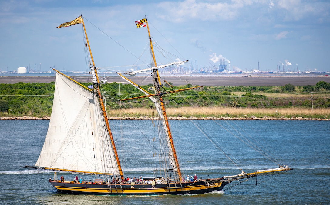 Pride of Baltimore 2, a square-topsail schooner and reconstruction of an early 19th-century Baltimore Clipper, transits Galveston Channel during Tall Ships Challenge Galveston 2023.