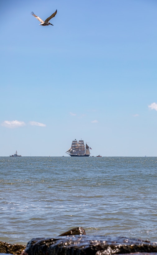 Elissa, a three-masted barque and one of three ships of her kind still active, transits the Gulf of Mexico off the coast of Galveston Beach during Tall Ships Challenge Galveston 2023.