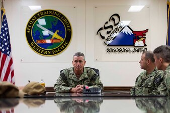 YOKOSUKA, Japan (April 7, 2023) Rear Adm. Pete Garvin, commander, Naval Education and Training Command (NETC), meets with NETC Western Pacific staff in the Afloat Training Group conference room onboard Commander, Fleet Activities Yokosuka. NETC’S mission is to recruit, train and deliver those who serve our nation, taking them from street-to-fleet by forging civilians into highly skilled, operational and combat ready warfighters. (U.S. Navy photo by Mass Communication Specialist 1st Class Jamaal Liddell)