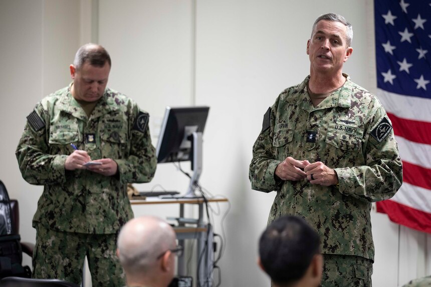 YOKOSUKA, Japan (April 7, 2023) Rear Adm. Pete Garvin, commander, Naval Education and Training Command (NETC), answers questions during an all hands call at the NETC auditorium onboard Commander, Fleet Activities Yokosuka. NETC’S mission is to recruit, train and deliver those who serve our nation, taking them from street-to-fleet by forging civilians into highly skilled, operational and combat ready warfighters. (U.S. Navy photo by Mass Communication Specialist 1st Class Jamaal Liddell)