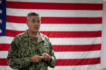 YOKOSUKA, Japan (April 7, 2023) Rear Adm. Pete Garvin, commander, Naval Education and Training Command (NETC), addresses Sailors during an all hands call at the NETC auditorium onboard Commander, Fleet Activities Yokosuka. NETC’S mission is to recruit, train and deliver those who serve our nation, taking them from street-to-fleet by forging civilians into highly skilled, operational and combat ready warfighters. (U.S. Navy photo by Mass Communication Specialist 1st Class Jamaal Liddell)