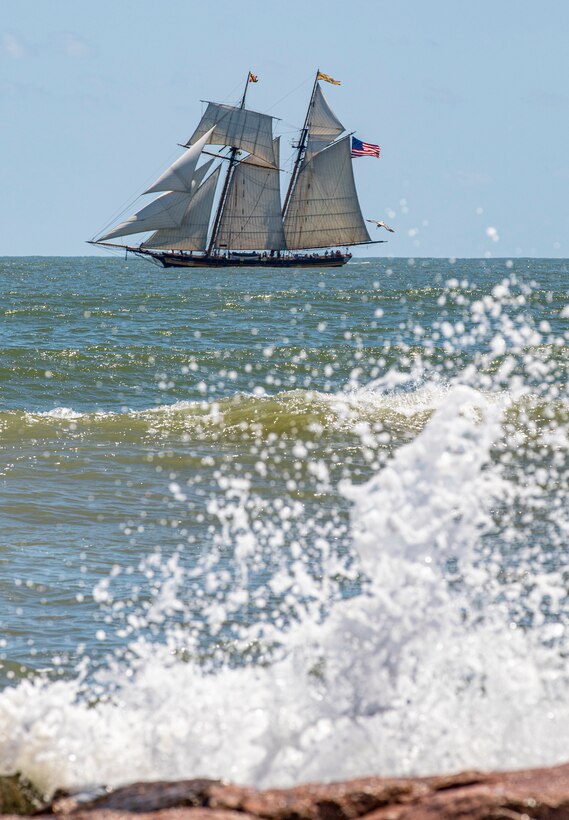 Pride of Baltimore 2, a square-topsail schooner and reconstruction of an early 19th-century Baltimore Clipper, transits the Gulf of Mexico off the coast of Galveston Beach during Tall Ships Challenge Galveston 2023.