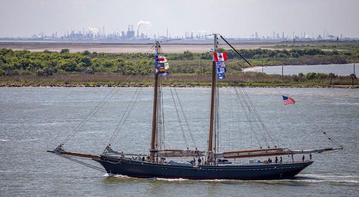 Ernestina-Morrissey, a grand banks fishing schooner and last fishing schooner built for the Wonson Fish Company, transits Galveston channel during Tall Ships Challenge Galveston 2023.