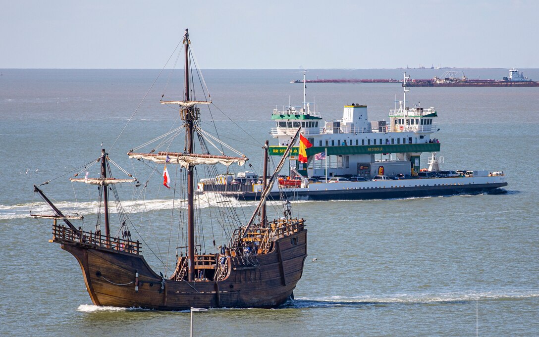 Nao Santa Maria, replica of the Nao Santa María of Christopher Columbus, transits Galveston Channel during Tall Ships Challenge Galveston 2023.