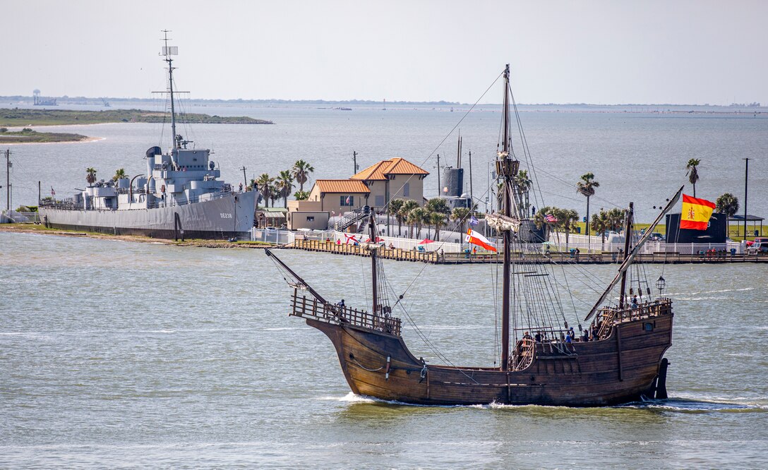 Nao Santa Maria, replica of the Nao Santa María of Christopher Columbus, transits Galveston Channel during Tall Ships Challenge Galveston 2023.