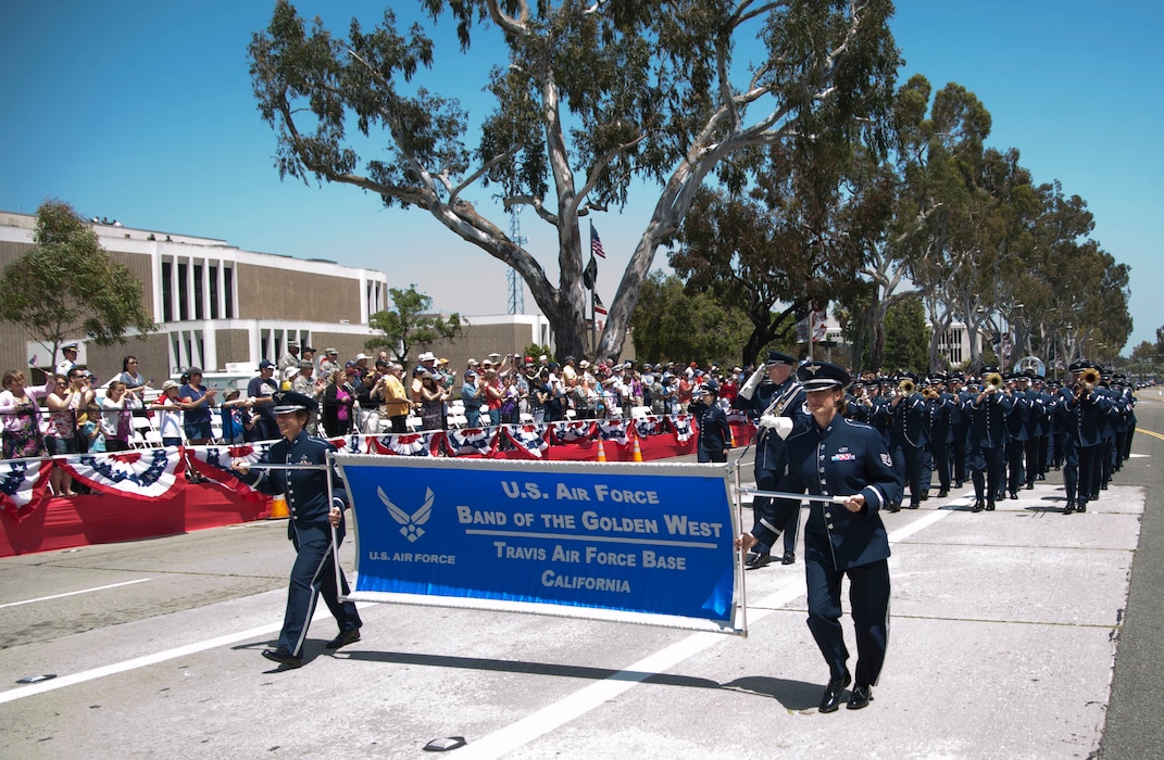 The USAF Band of the Golden West marches in the Armed Forces Day parade in Torrance, CA Saturday.