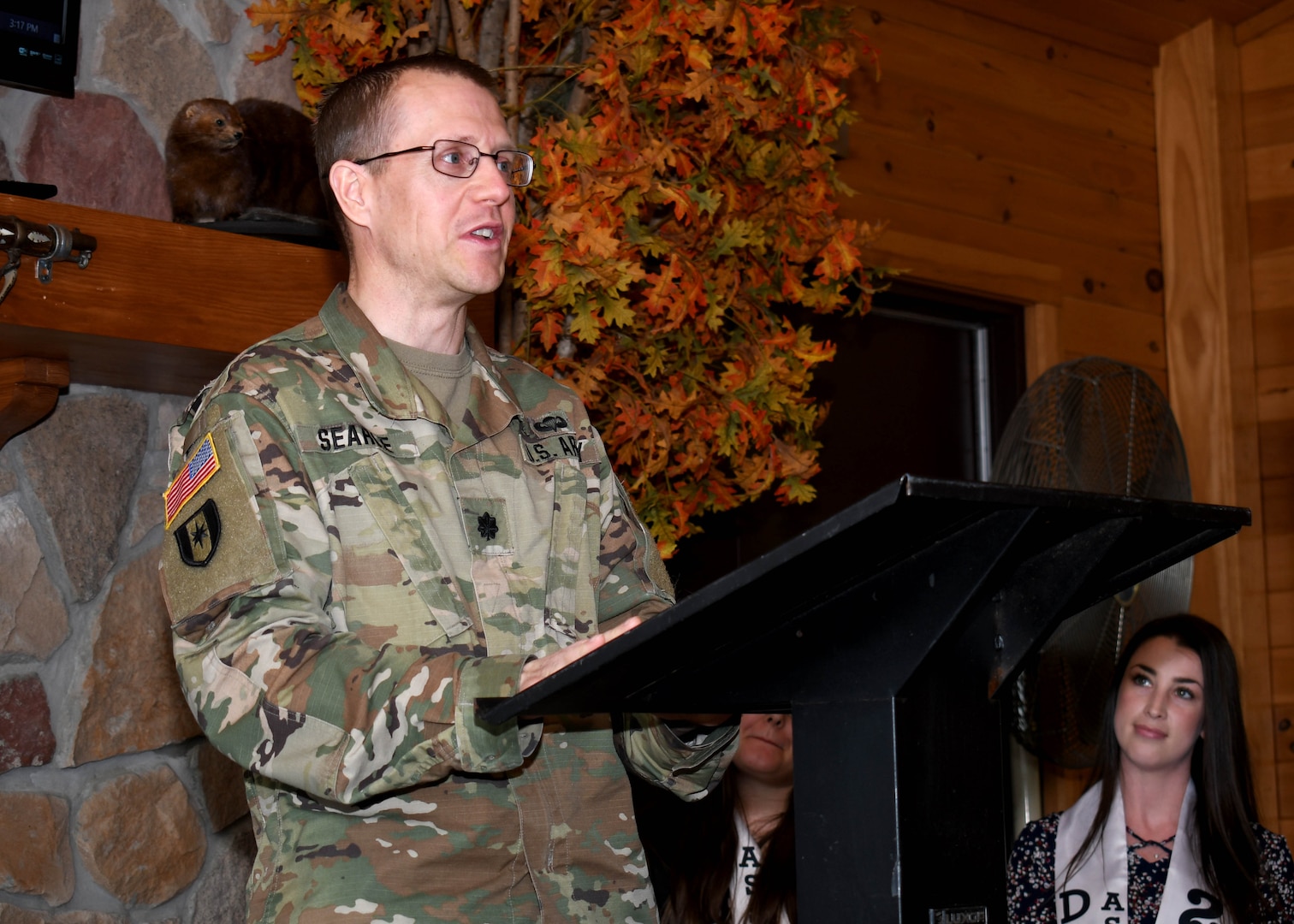 U.S. Army Lt. Col. Russell K. Searle, commander of the Fort Drum Dental Health Activity, speaks during a graduation ceremony for American Red Cross Dental Assistant students at the Sportsman Lounge on Fort Drum, N.Y., April 6, 2023.