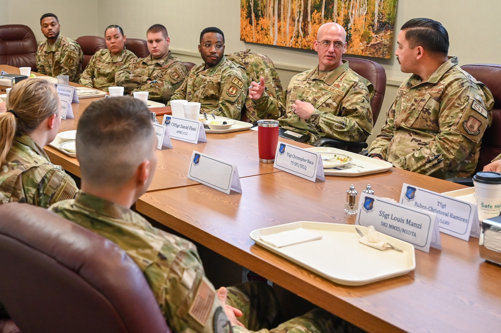 Chief Master Sgt. David A. Flosi, Air Force Materiel Command command chief, meets with Airmen and Guardians during a base visit April 13, 2023, at Hill Air Force Base, Utah.