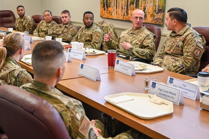 Chief Master Sgt. David A. Flosi, Air Force Materiel Command command chief, meets with Airmen and Guardians during a base visit April 13, 2023, at Hill Air Force Base, Utah.
