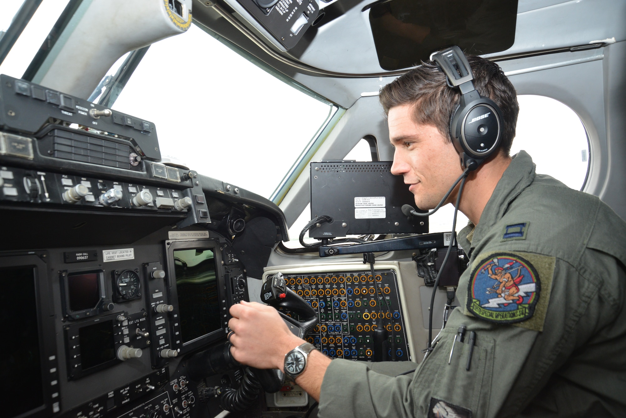 Capt. Will Walter, MC-12W Liberty pilot from the 185th Special Operations Squadron, conducts pre-flight checks March 29, 2023, at Joint Base San Antonio-Lackland, Texas.