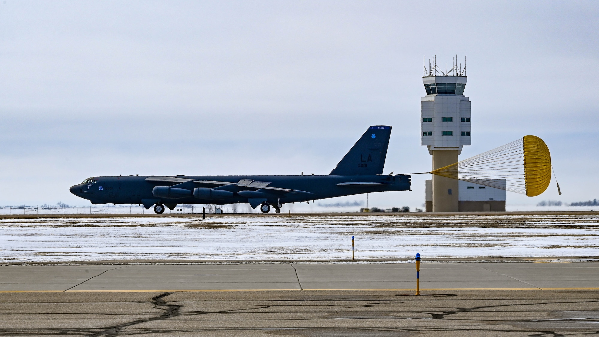 A B-52H Stratofortess assigned to the 2nd Bomb Wing at Barksdale Air Force Base,  L.A., lands at Minot Air Force Base, North Dakota, during the Global Thunder exercise, April 7, 2023. Airmen and aircraft from the 2nd Bomb Wing at Barksdale AFB, LA integrated with 5th Bomb Wing personnel at Minot AFB, to conduct combined B-52H Stratofortress planning, maintenance, security, logistics, and operations in support of  GT23. (U.S. Air Force photo by Senior Airman Zachary Wright)