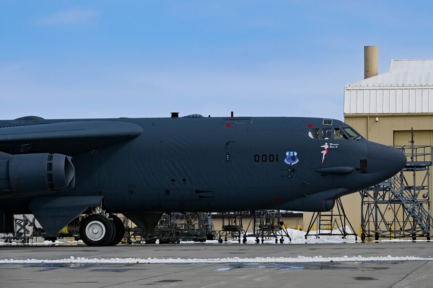 A B-52H Stratofortess assigned to the 2nd Bomb Wing at Barksdale Air Force Base,  L.A., lands at Minot Air Force Base, North Dakota, during the Global Thunder exercise, April 7, 2023. Global Thunder holds a specific focus on nuclear readiness to enable the command’s global operations to coordinate with other combatant commands, services, appropriate U.S. government agencies, and allies to deter, detect and, if necessary, defeat strategic attacks against the United States and its allies. (U.S. Air Force photo by Senior Airman Zachary Wright)