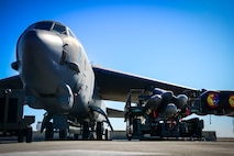 A B-52H Stratofortress sits on the flightline during Global Thunder 23 (GT23) at Minot Air Force Base, North Dakota, April 11, 2023. GT23 is an annual command and control and field training exercise designed to train Department of Defense forces and assess joint operational readiness across all of USSTRATCOM's mission areas, with a specific focus on nuclear readiness. (U.S. Air Force photo by Senior Airman China M. Shock)