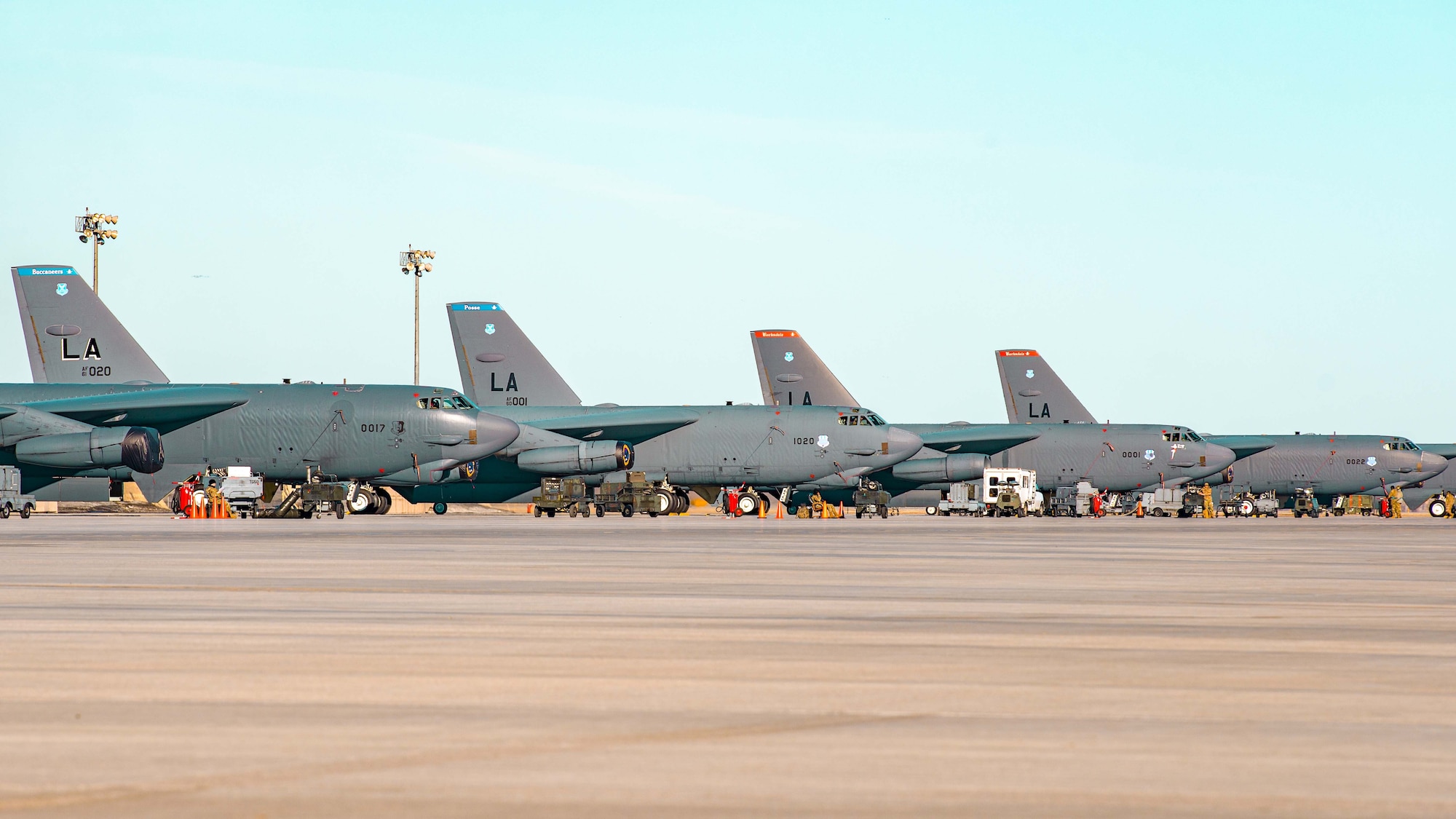 U.S. Air Force B-52H Stratofortresses assigned to the 2nd Bomb Wing from Barksdale Air Force Base, Louisiana, sit on the flightline during Global Thunder 23 (GT23) at Minot AFB, North Dakota, April 11, 2023. GT23 is an invaluable training opportunity to exercise all U.S. Strategic Command mission areas and create the conditions for strategic deterrence against a variety of threats. (U.S. Air Force photo by Staff Sgt. Michael A. Richmond)