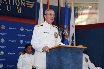 230414-N-YR423-6017 PENSACOLA, Fla. (April 14, 2023) Commander, Naval Education and Training Command, Rear Adm. Pete Garvin, addresses the crowd at the Naval Education and Training Professional Development Center (NETPDC) change of command held at the National Aviation Museum onboard Naval Air Station Pensacola, April 14, 2023. Garvin commended NETPDC’s team on their contributions during unprecedented times under the leadership of Commanding Officer Capt. Willie Brisbane. (U.S. Navy photo by Cheryl Dengler)