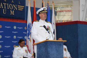 230414-N-YR423-6060 PENSACOLA, Fla. (April 14, 2023) Capt. David Pavlik addresses the crowd after relieving Capt. Willie Brisbane (not pictured) as commanding officer of Naval Education and Training Professional Development Center (NETPDC) during a ceremony held at the National Aviation Museum onboard Naval Air Station Pensacola, April 14, 2023. Pavlik, who most recently served as the Executive Assistant to the Commander, Navy Recruiting Command, took the helm as NETPDC’s 22nd commanding officer. (U.S. Navy photo by Cheryl Dengler)
