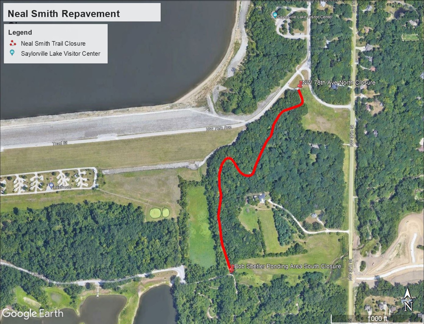A map showing a portion of the Neal Smith Trail that will be closed.