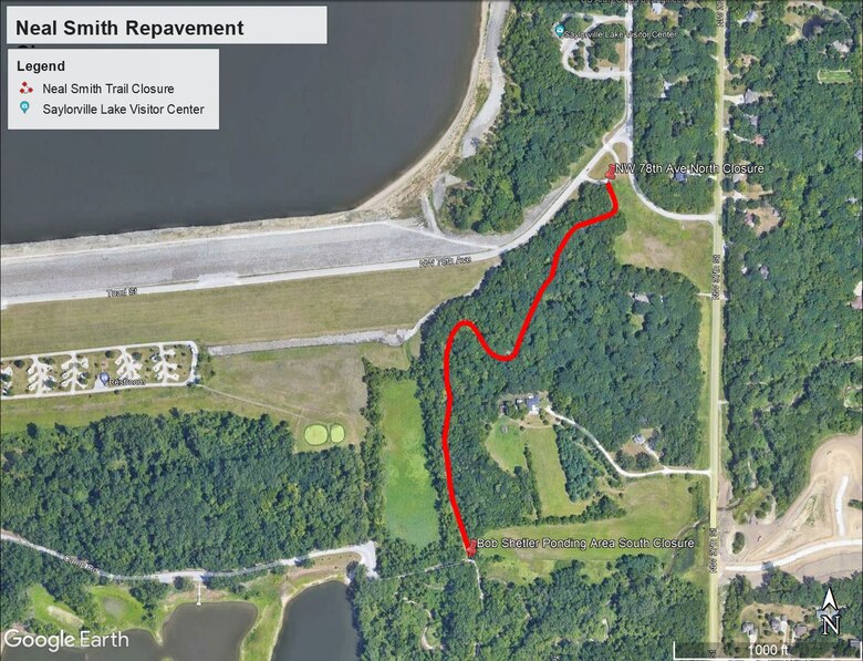 A map showing a portion of the Neal Smith Trail that will be closed.