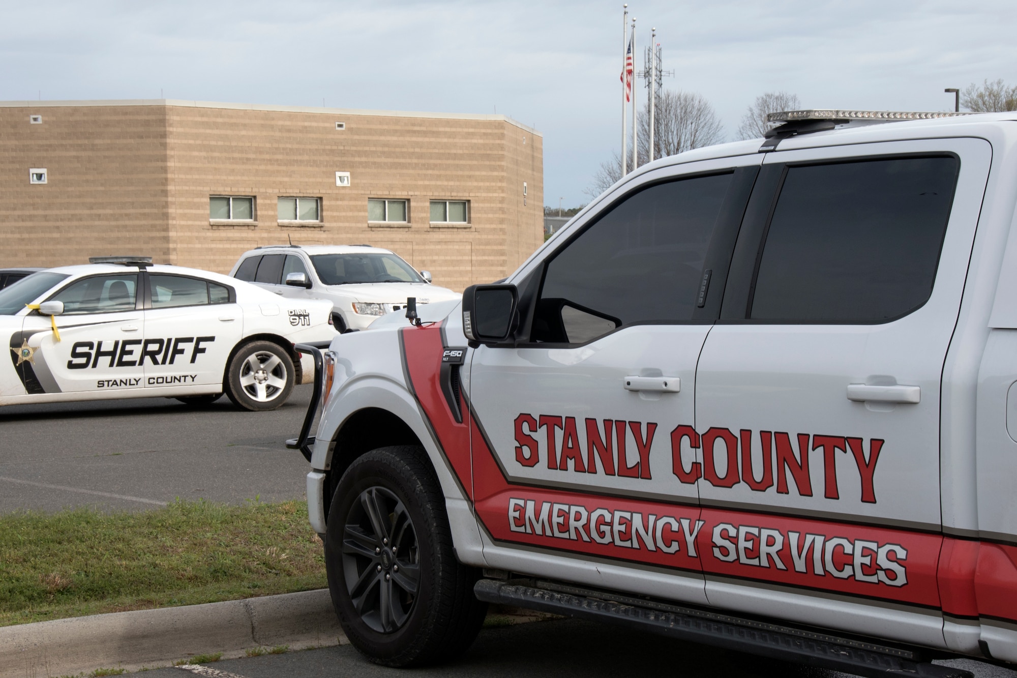 Stanly County Sheriff and Emergency Services vehicles staged during an active-shooter training.