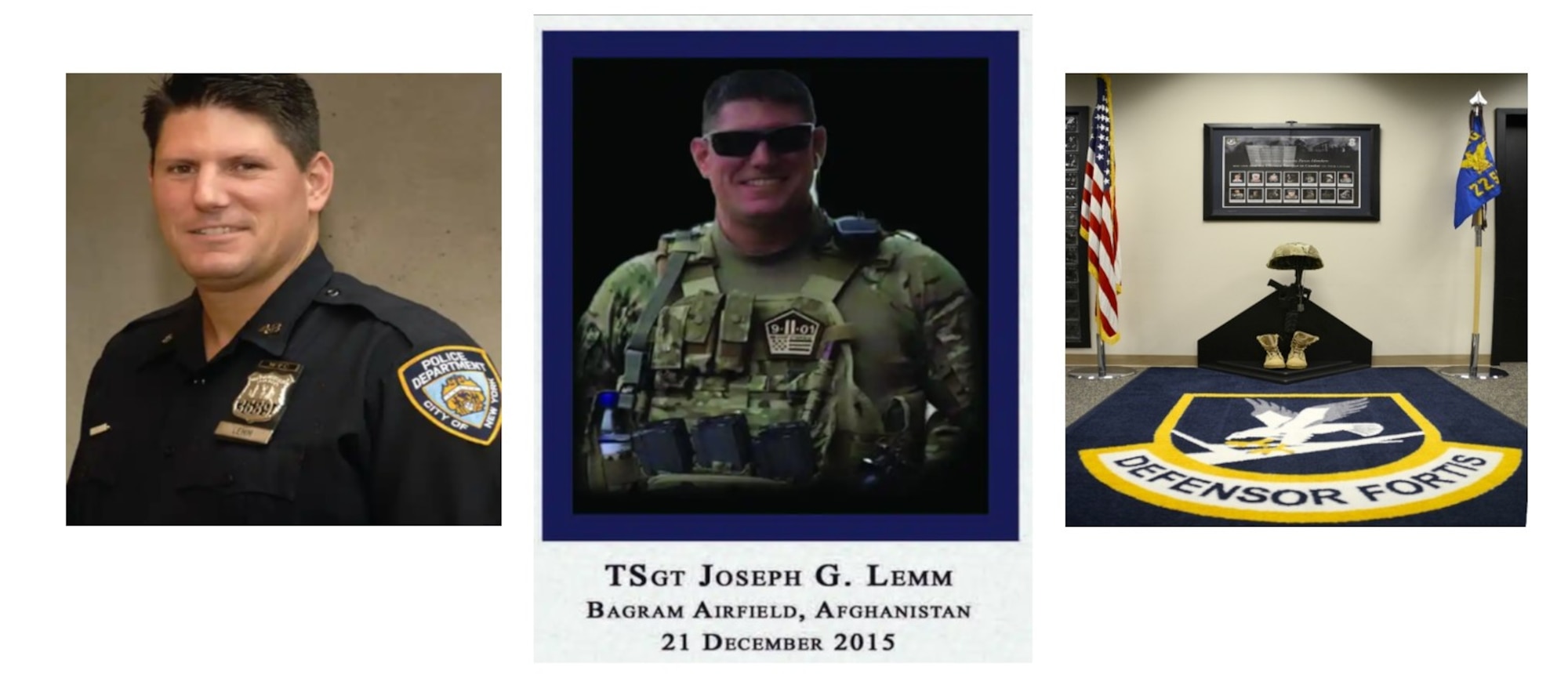 Graphic showing three photos of Fallen Warrior Technical Sgt. Joseph Lemm.