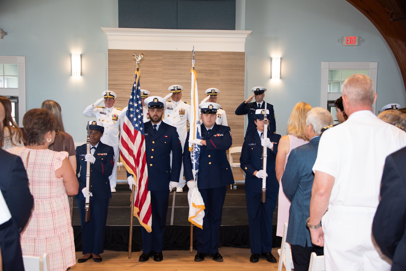 Sector Charleston's color guard team stands at attention for the National Anthem, Charleston, South Carolina, April 14, 2023. A change of command ceremony is a time-honored tradition formally restating the continuity of the authority of command. It is a transfer of total responsibility and authority from one individual to another. (U.S. Coast Guard photo by Petty Officer 1st Class David Micallef)
