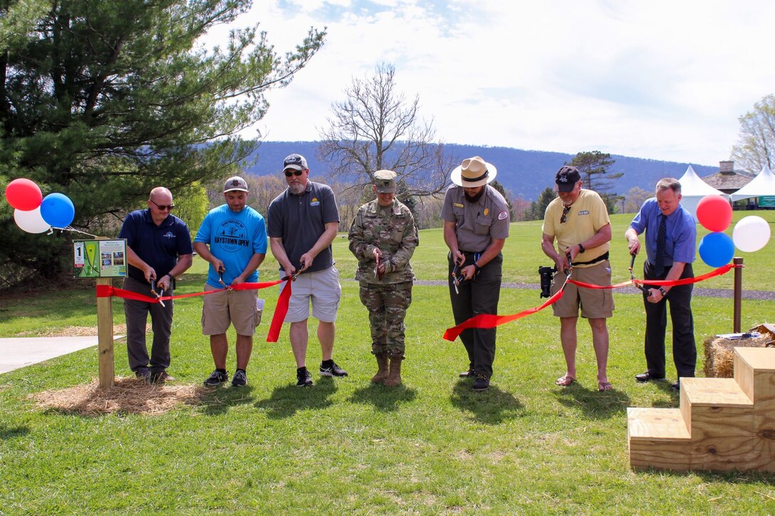 The U.S. Army Corps of Engineers (USACE), Baltimore District, and Huntingdon County Visitors Bureau hosted a ribbon cutting ceremony celebrating the debut of two disc golf courses located at the Seven Points Campground at Raystown Lake, April 14, 2023.