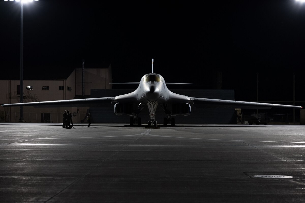 A U.S. Air Force B-1B Lancer from the 28th Bomb Wing, prepares for takeoff in support of COPE INDIA 2023 from Ellsworth Air Force Base, South Dakota, April 12, 2023. CI23 provides an optimal training environment to increase our readiness and mutual compatibility with our Indian Air Force partners. (U.S. Air Force photo by Senior Airman Austin McIntosh)