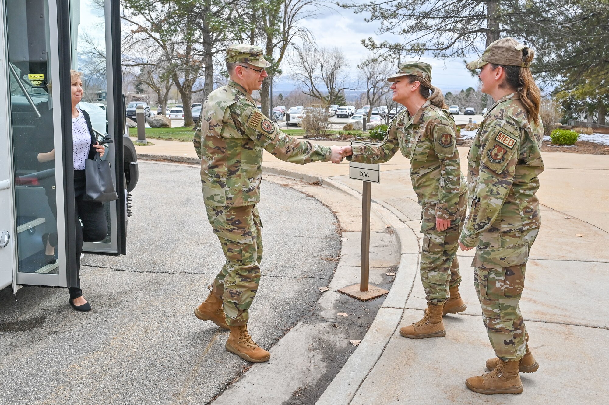 Gen. Duke Z. Richardson, Air Force Materiel Command commander, is greeted by Col. Tracie Swingle, 75th Medical Group commander, during a base visit April 13, 2023, at Hill Air Force Base, Utah.