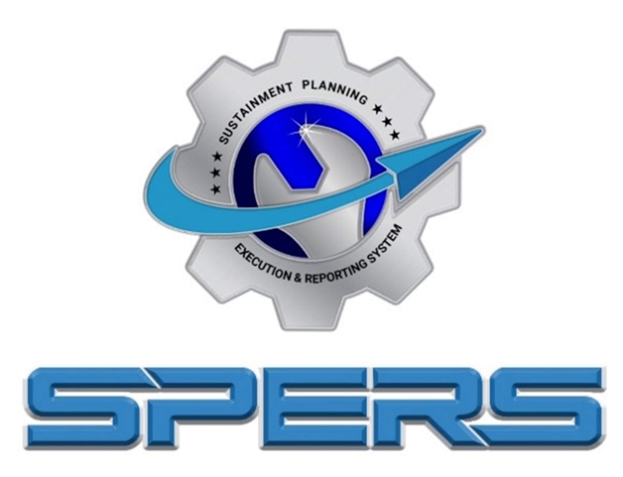 This logo is silver, blue, and black in color