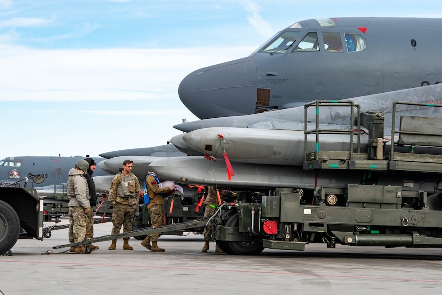 Munitions Airmen arm B-52s during Global Thunder 23