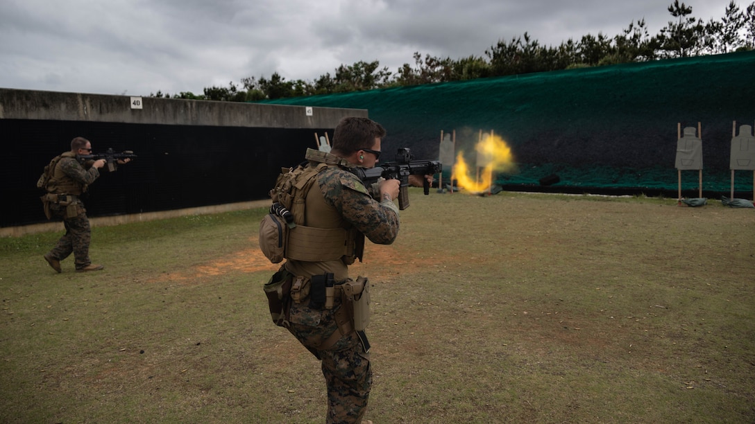 U.S. Marines with 3rd Reconnaissance Battalion, 31st Marine Expeditionary Unit, conduct live-fire shooting drills at Camp Hansen, Okinawa, Japan, Mar. 30 2023. The drills were held to hone Marines’ skills in close quarters combat while testing Marines marksmanship. The 31st MEU, the Marine Corps’ only continuously forward-deployed MEU, provides a ready and lethal force ready to perform a wide range of military operations as the premier crisis response force in the Indo-Pacific region. (U.S. Marine Corps photo by Lance Cpl. William N. Wallace)