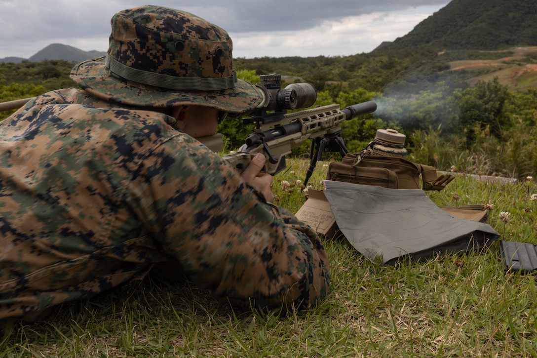 A U.S. Marine with the maritime raid force, 31st Marine Expeditionary Unit, fires an M40A6 sniper rifle during live-fire exercise on Camp Schwab, Okinawa, Japan, April 10, 2023. The training improved the Marines’ proficiency at the tactical level and developed critical marksmanship skills. The 31st MEU, the Marine Corps’ only continuously forward-deployed MEU, provides a flexible and lethal force ready to perform a wide range of military operations as the premier crisis response force in the Indo-Pacific region. (U.S. Marine Corps photo by Cpl. Abigail Godinez)