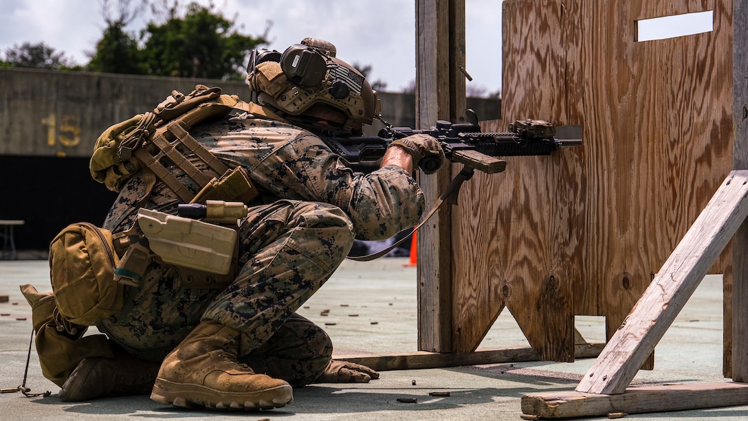 A U.S. Marine with the maritime raid force, 31st Marine Expeditionary Unit, conducts barricade drills at Camp Hansen, Okinawa, Japan, April 12, 2023. The drills honed Marines’ skills to shoot from multiple positions while behind cover. The 31st MEU, the Marine Corps’ only continuously forward-deployed MEU, provides a flexible and lethal force ready to perform a wide range of military operations as the premier crisis response force in the Indo-Pacific region. (U.S. Marine Corps photo by Lance Cpl. Manuel Alvarado)