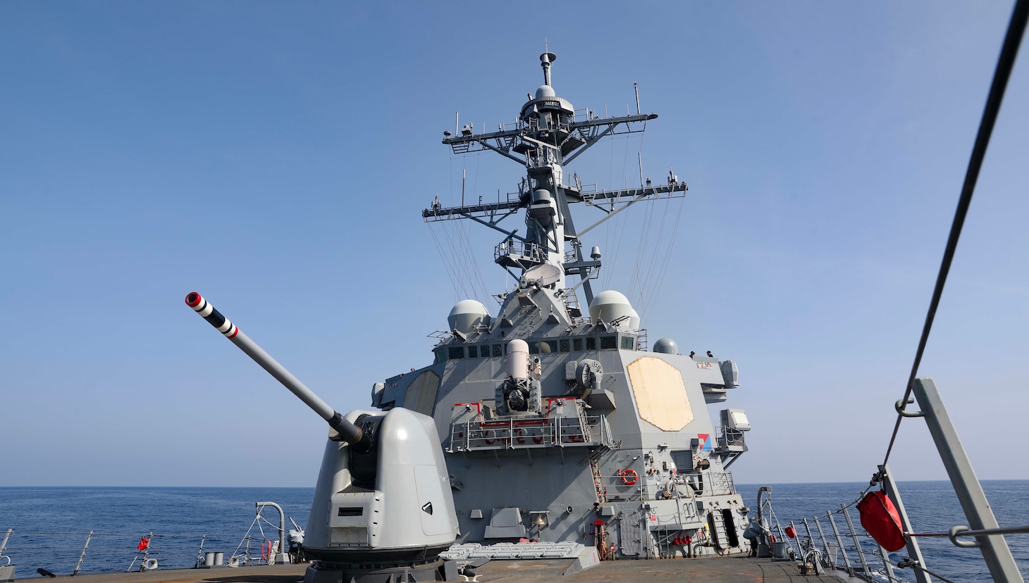 TAIWAN STRAIT (April 16, 2023) – The Arleigh Burke-class guided-missile destroyer USS Milius (DDG 69) conducts a Taiwan Strait transit. Milius is assigned to Commander, Task Force 71/Destroyer Squadron (DESRON) 15, the Navy’s largest forward-deployed DESRON and the U.S. 7th Fleet’s principal surface force. (U.S. Navy photo by Mass Communication Specialist 1st Class Greg Johnson)