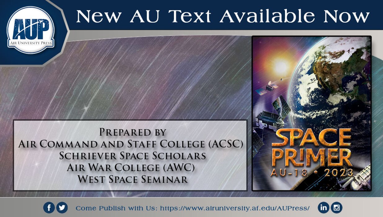 Authors • Air Command and Staff College (ACSC) Schriever Space Scholars & Air War College (AWC) West Space Seminar
 
Year • 2023
 
Pages • 153
 
ISBN • 9781585661947
 
AU Press Code • AU-18