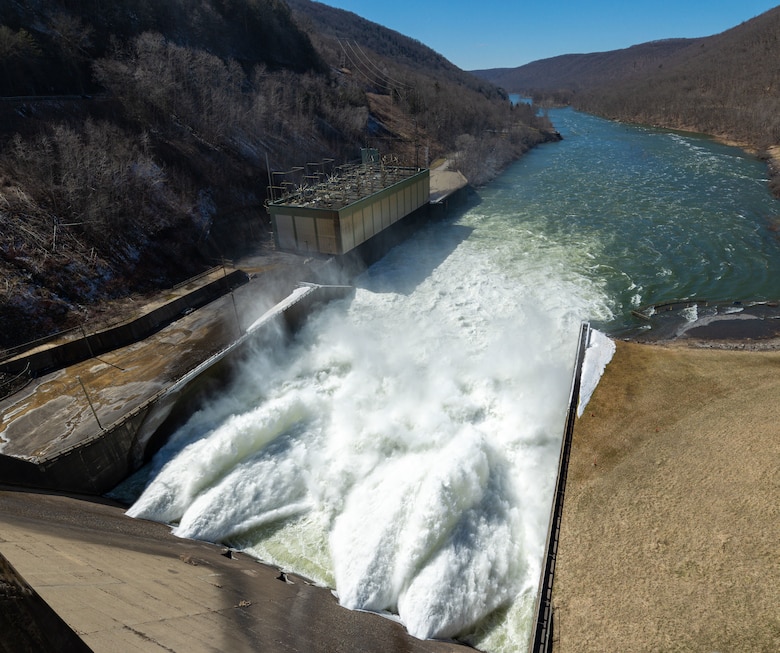 The Kinzua Dam releases 15,000 cubic feet of water per second for eight hours, resulting in 3.2 billion gallons of water released into the river during those hours, equivalent to nearly 5,000 Olympic-sized swimming pools in Warren, Pennsylvania, March 30, 2023. Kinzua Dam released this water in March to simulate a “spring pulse,” which are natural phenomena that typically occur in temperate climates and during early spring and send cues to aquatic species and other parts of the ecosystem by moving sediments and nutrients. The district’s water management team modeled the operation to ensure the artificial pulse would not impact the reservoir’s summer pool or cause flooding. (U.S. Army Corps of Engineers photo by Andrew Byrne)