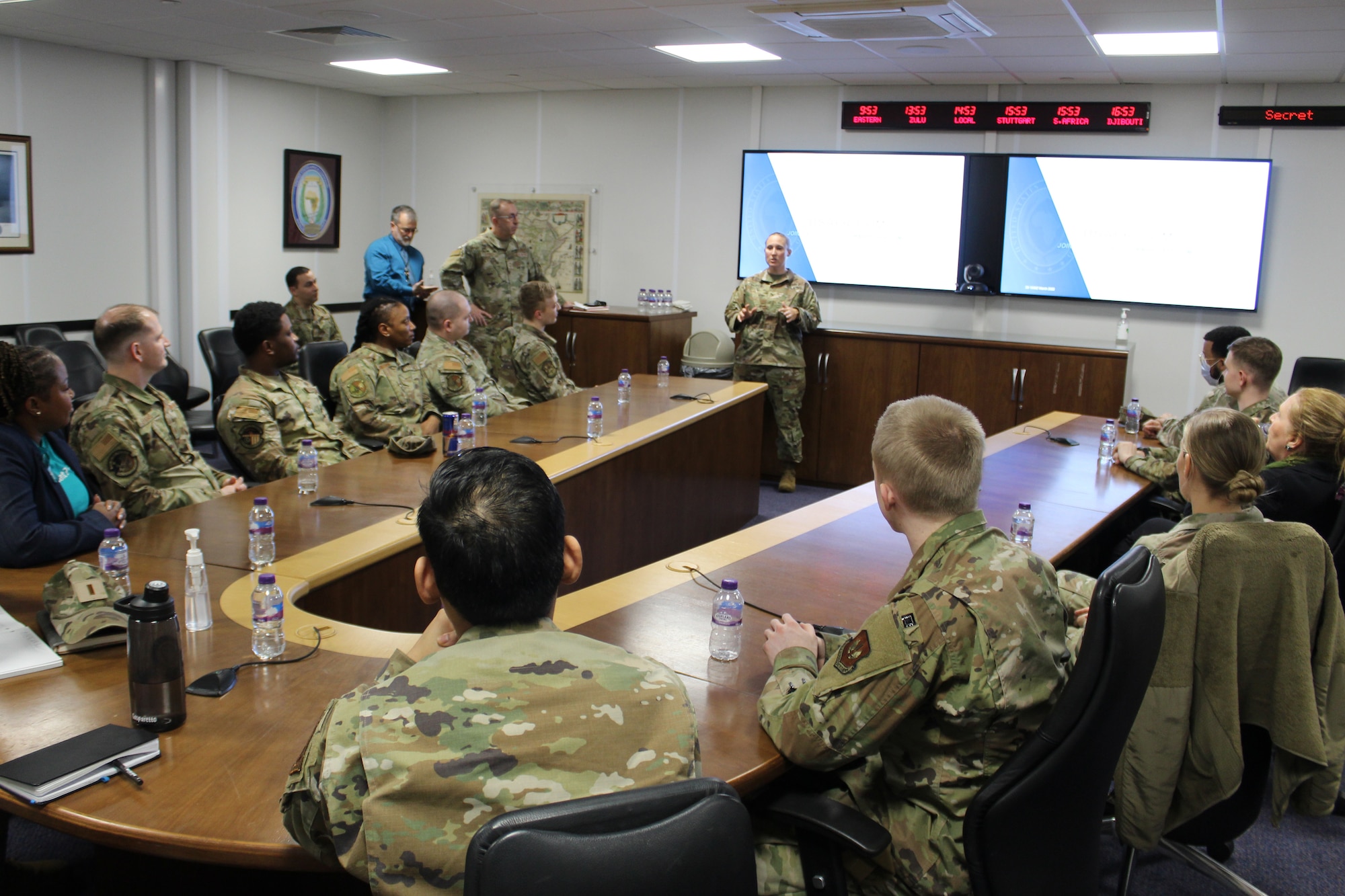 U.S. Army Lt. Col. T.J. Fearnow, Joint Intelligence Command (JICAF) U.S. Africa Command commander, welcomes the 501st Combat Support Wing Airmen to the AFRICOM brief at RAF Molesworth, England, April 5, 2023. The 501st CSW Readiness Working Group partnered with JICAF to familiarize Wing Airmen with the joint intelligence mission and AFRICOM. (U.S. Air Force photo by Staff Sgt. Jennifer Zima)