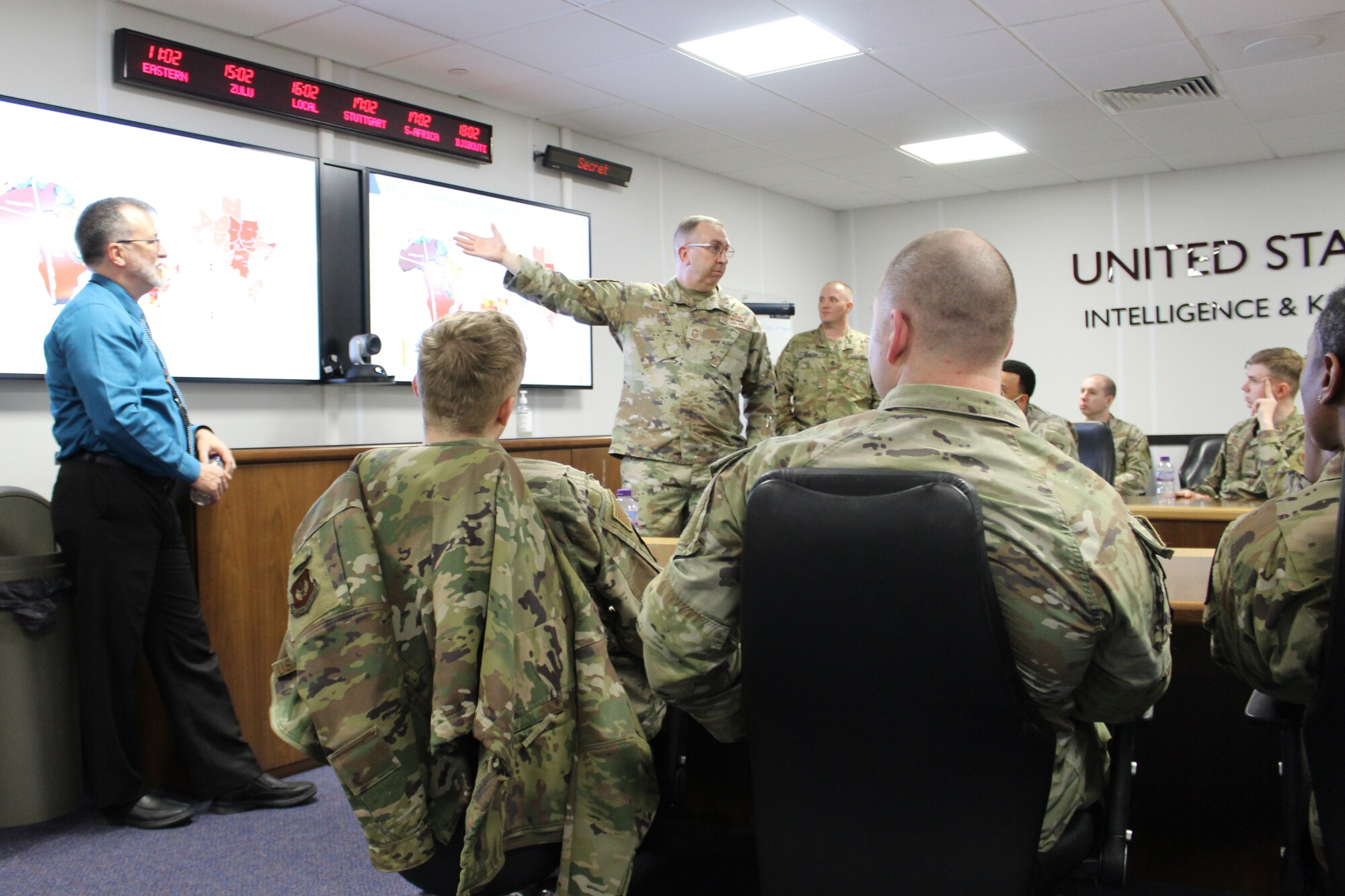 U.S. Air Force Chief Master Sgt. Scott Leach, Joint Intelligence Command U.S. Africa Command senior enlisted leader, briefs the 501st Combat Support Wing Airmen during the AFRICOM brief at RAF Molesworth, England, April 5, 2023. The 501st CSW Readiness Working Group partnered with JICAF to familiarize Wing Airmen with the joint intelligence mission and AFRICOM. (U.S. Air Force photo by Staff Sgt. Jennifer Zima)