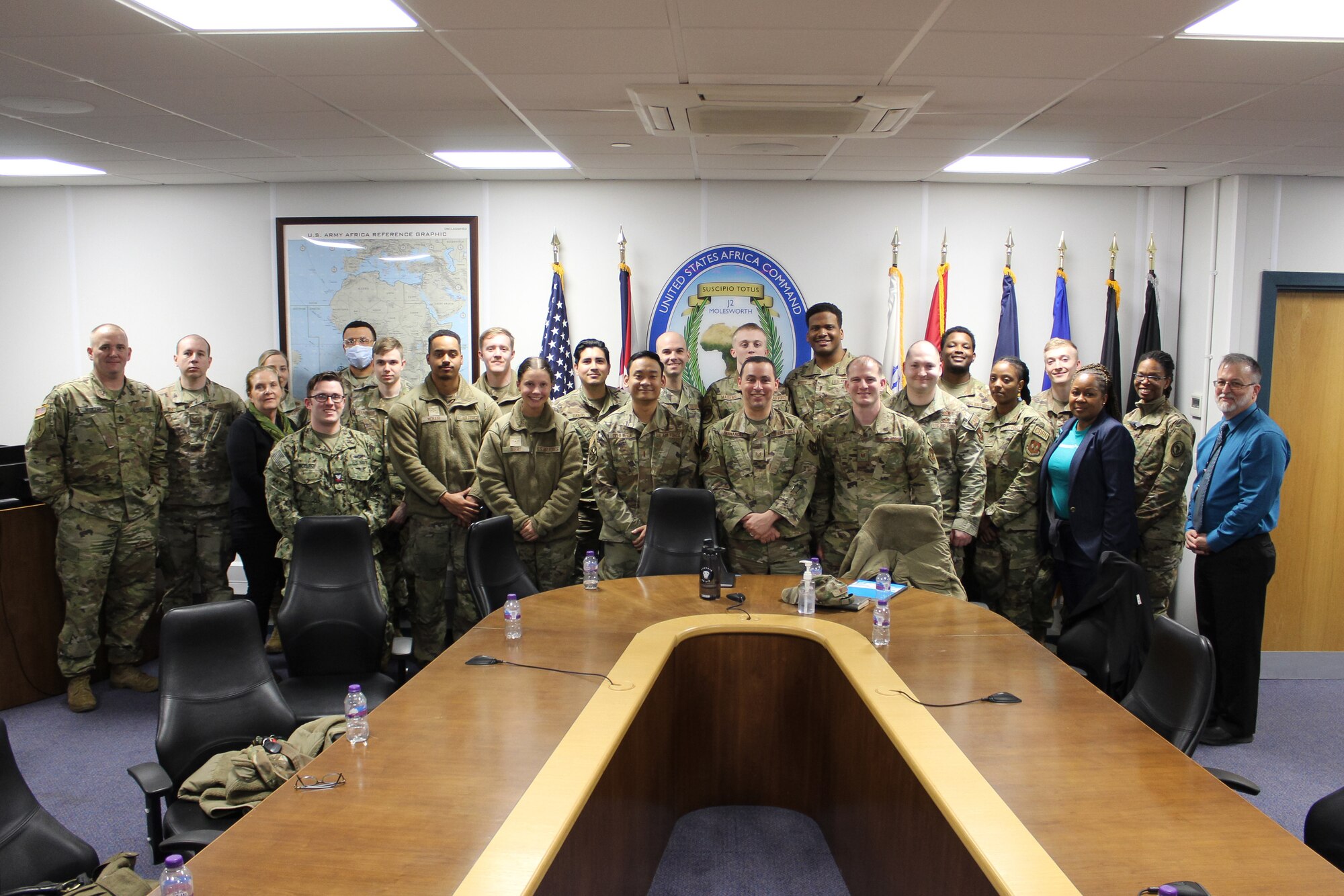 The 501st Combat Support Wing Readiness Working Group partnered with the Joint Intelligence Command - U.S. Africa Command to familiarize Wing Airmen with the joint intelligence mission and AFRICOM at RAF Molesworth, England, April 5, 2023. The 501st CSW Readiness Working Group partnered with JICAF to familiarize Wing Airmen with the joint intelligence mission and AFRICOM. (U.S. Air Force photo by Staff Sgt. Jennifer Zima)