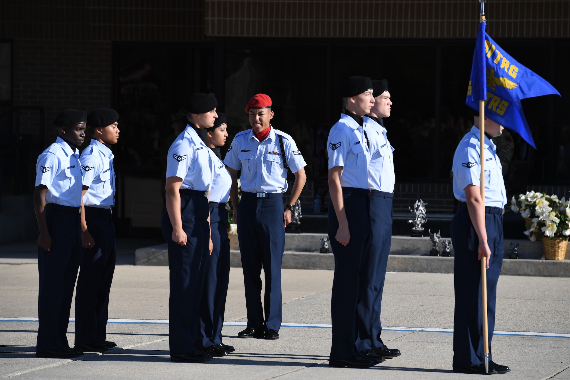 Members of the 335th Training Squadron regulation drill team perform during the 81st Training Group drill down on the Levitow Training Support Facility drill pad at Keesler Air Force Base, Mississippi, April 14, 2023.