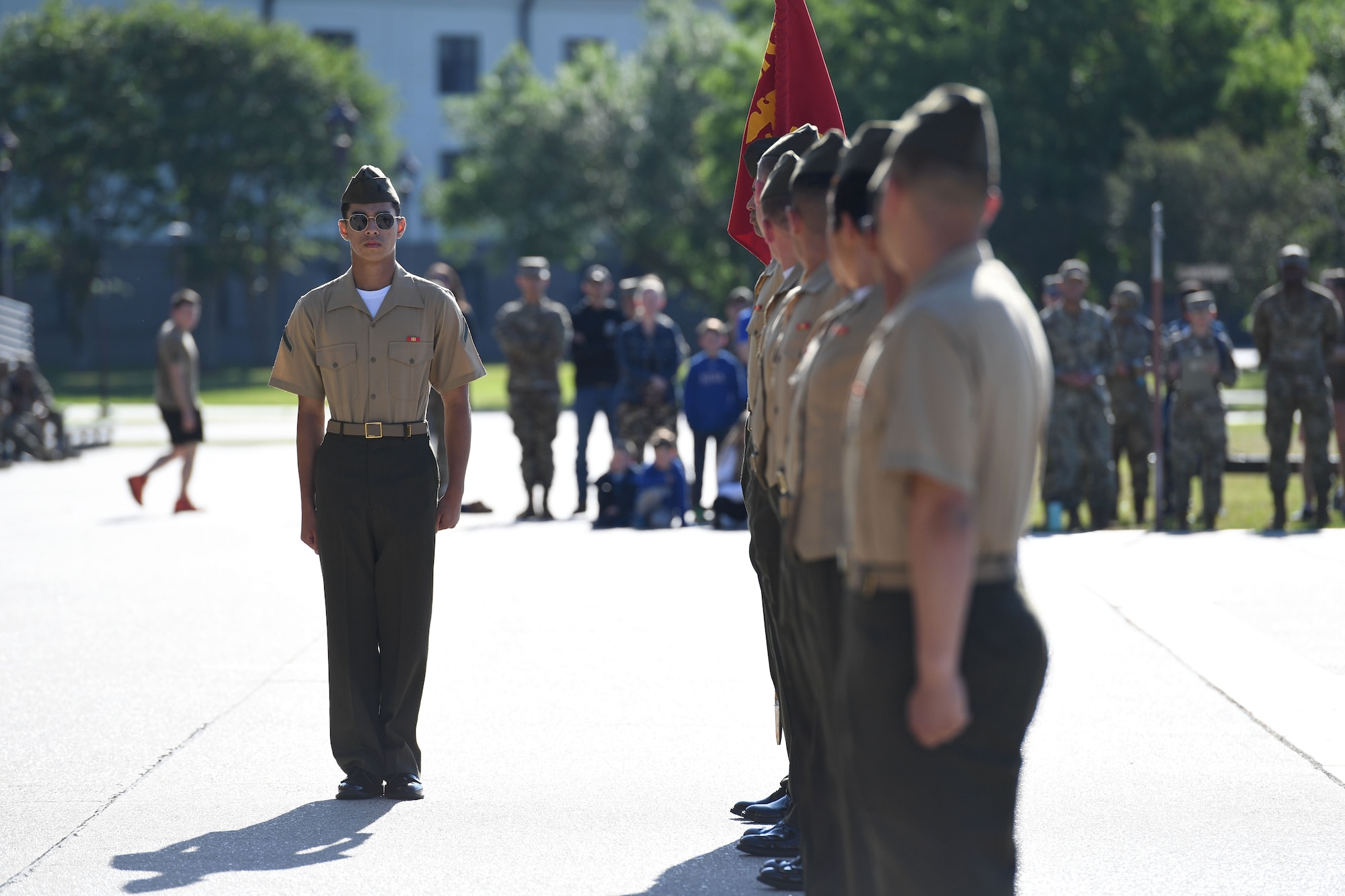 Members of the Keesler Marine Detachment regulation drill team perform during the 81st Training Group drill down on the Levitow Training Support Facility drill pad at Keesler Air Force Base, Mississippi, April 14, 2023.