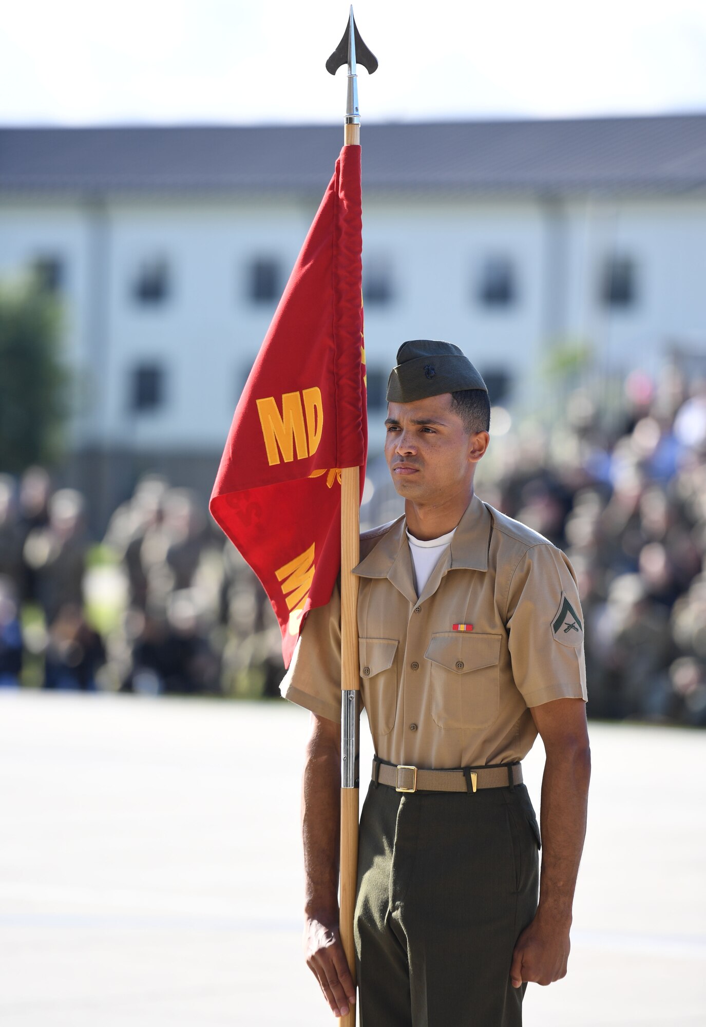 A member of the Keesler Marine Detachment regulation drill team performs during the 81st Training Group drill down on the Levitow Training Support Facility drill pad at Keesler Air Force Base, Mississippi, April 14, 2023.