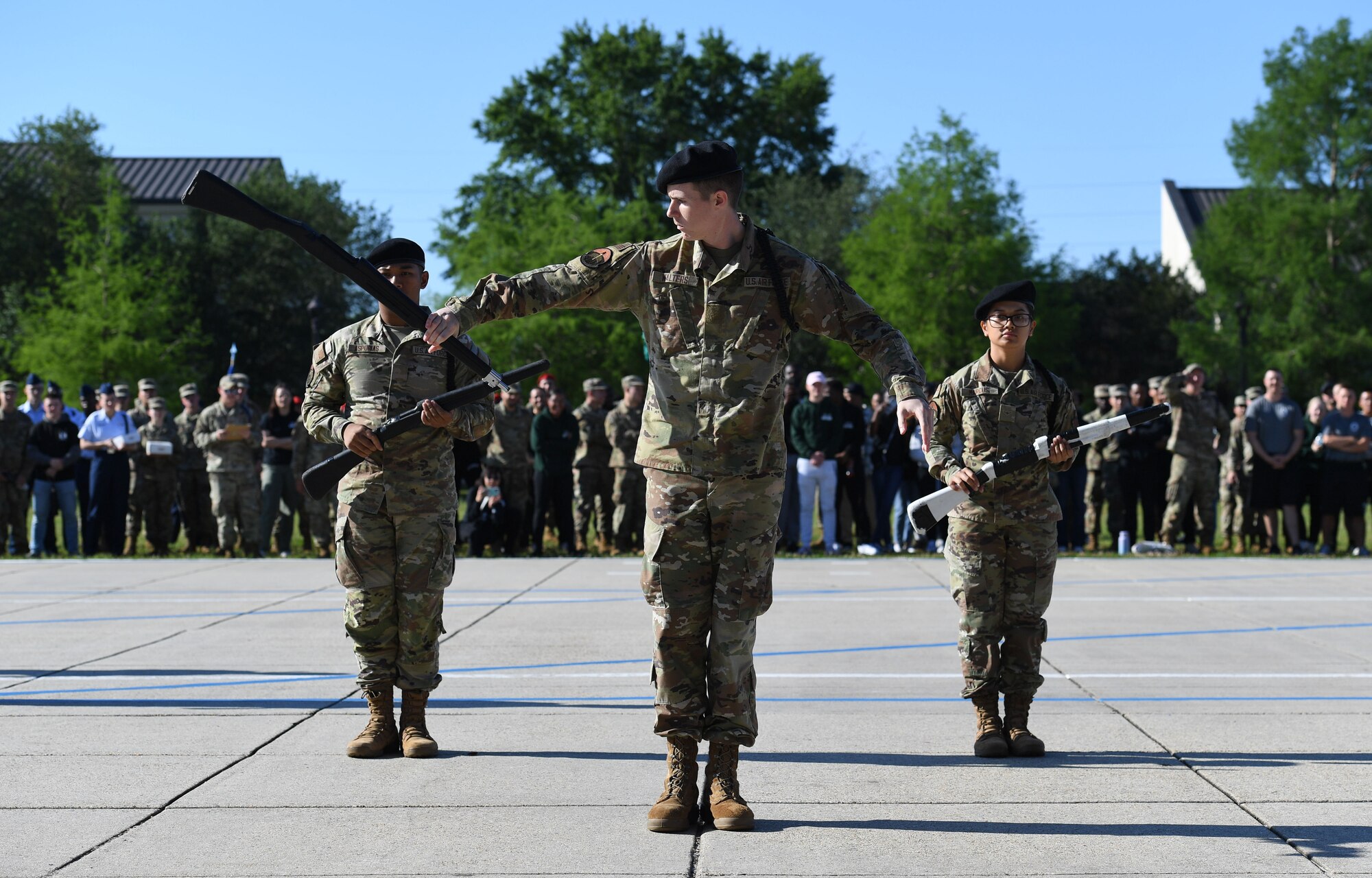 Members of the 334th Training Squadron freestyle drill team perform during the 81st Training Group drill down on the Levitow Training Support Facility drill pad at Keesler Air Force Base, Mississippi, April 14, 2023.
