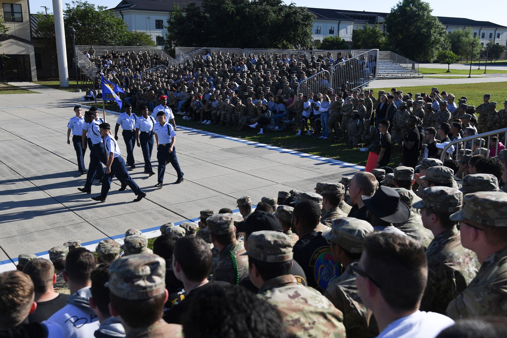 Members of the 336th Training Squadron regulation drill team perform during the 81st Training Group drill down on the Levitow Training Support Facility drill pad at Keesler Air Force Base, Mississippi, April 14, 2023.